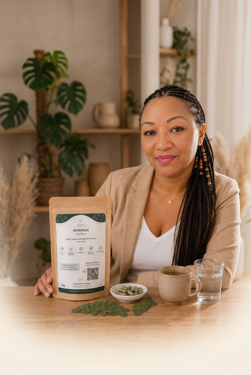 Khady, fondatrice d'ADV Bien-Être, avec un sachet de Moringa