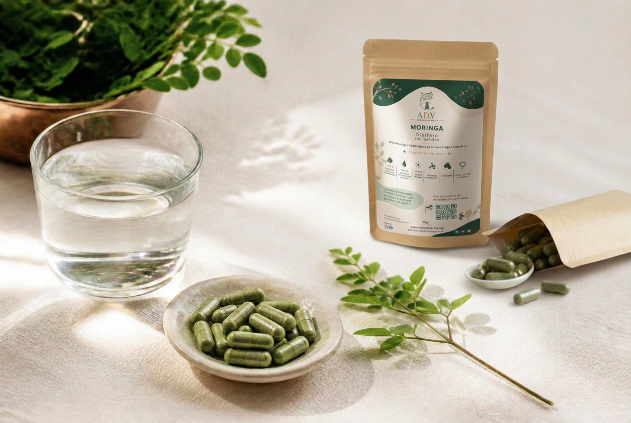 Rituel matinal épuré : sachet kraft de moringa, gélules vertes, verre d'eau et feuilles fraîches dans une lumière douce