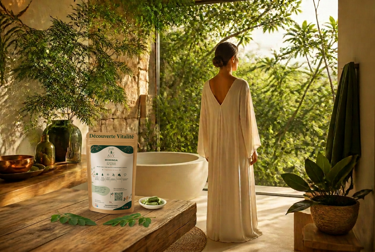 Équilibre durable : sachet de moringa et gélules dans un intérieur lumineux ouvert sur une végétation généreuse