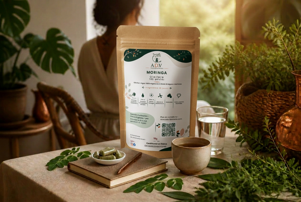 Routine bien-être installée : gélules de moringa, sachet kraft, carnet de suivi et infusion près d'une fenêtre